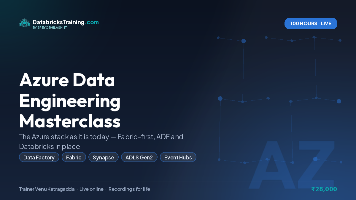 Azure Data Engineering Masterclass — 100 hours live online, covering Azure Data Factory, ADLS Gen2, Azure Databricks, Azure Synapse Analytics