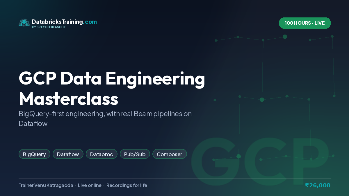 GCP Data Engineering Masterclass — 100 hours live online, covering BigQuery, Cloud Storage, Dataflow, Apache Beam